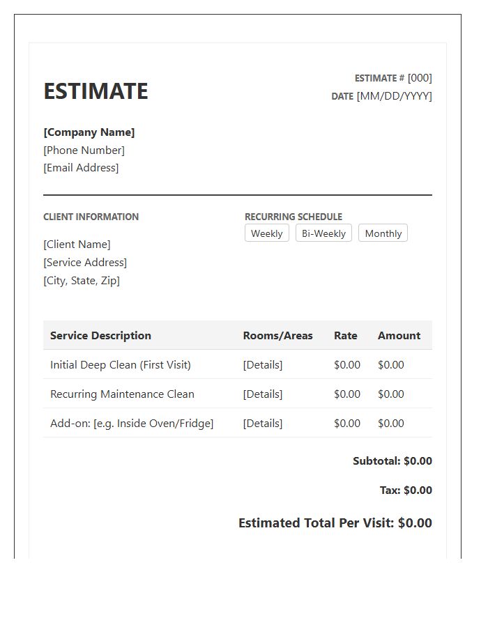 Recurring Residential Cleaning Estimate Invoice Template