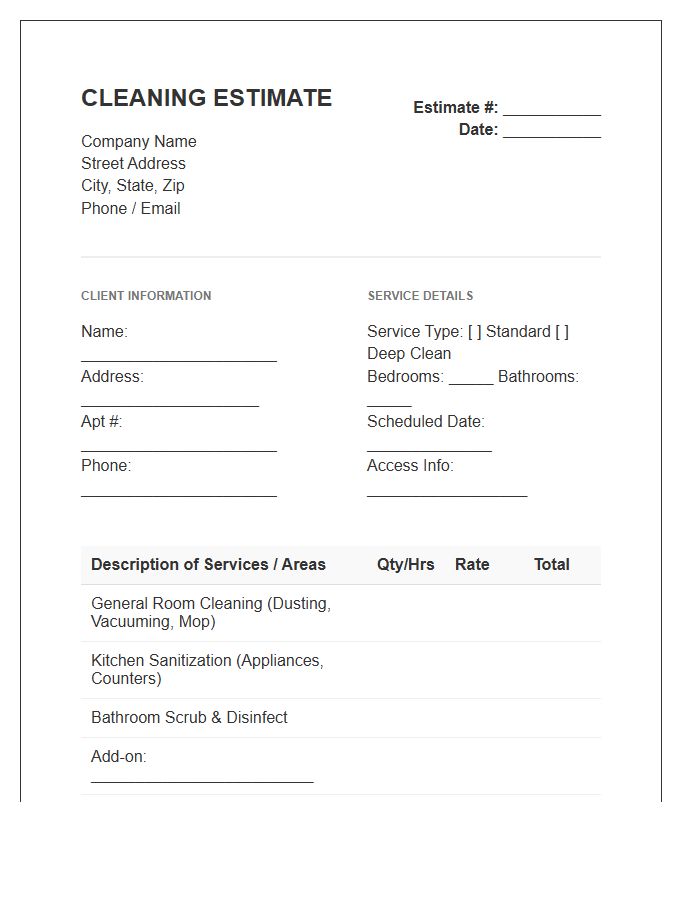 Residential Apartment Cleaning Estimate Invoice Template