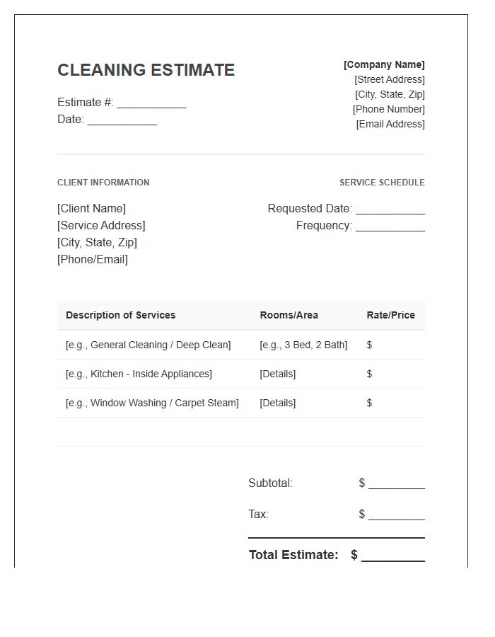 Residential Cleaning Estimate Invoice Template