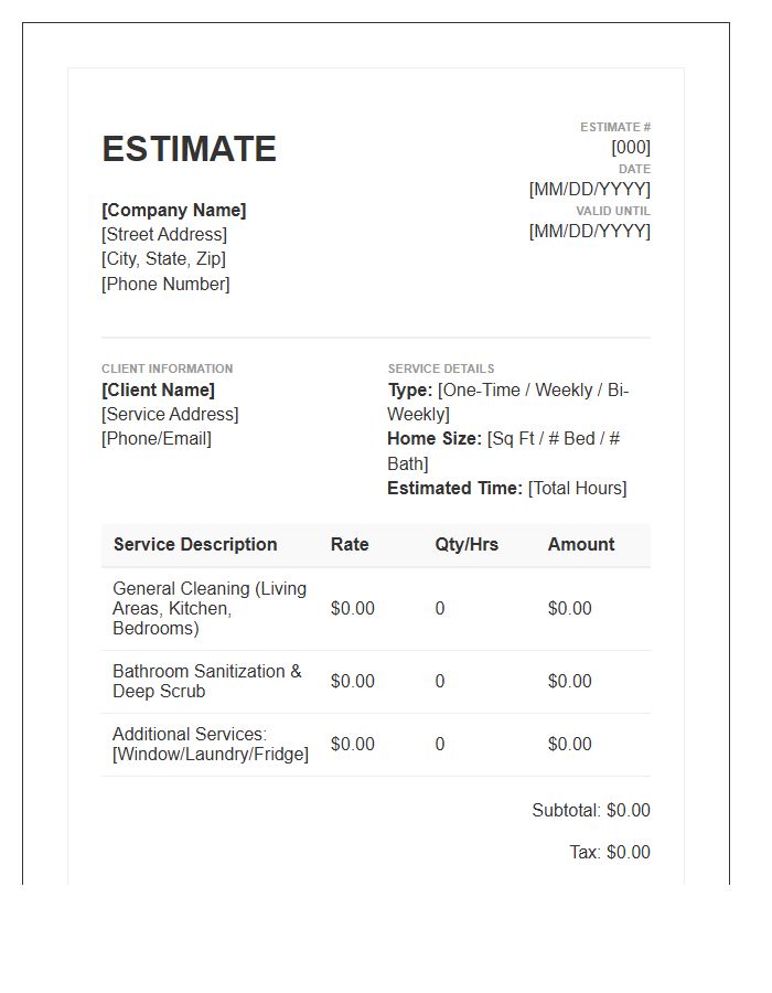 Residential Maid Service Estimate Invoice Template