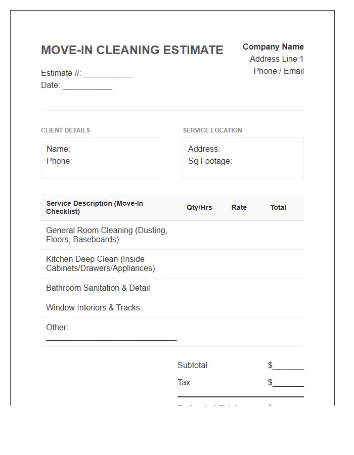 Residential Move In Cleaning Estimate Invoice Template