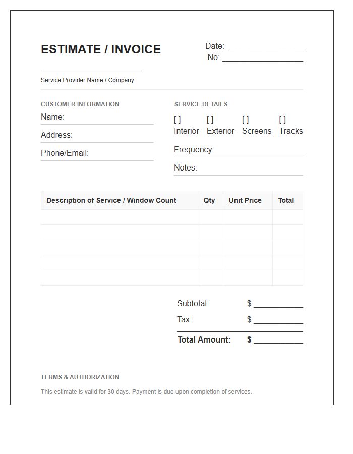 Residential Window Cleaning Estimate Invoice Template