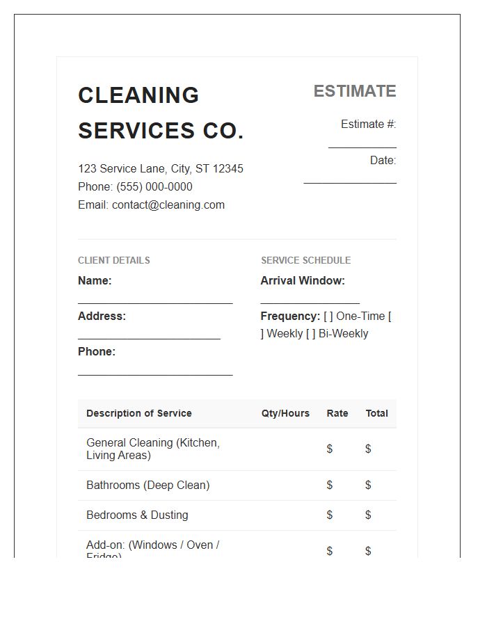 Standard House Cleaning Estimate Invoice Template