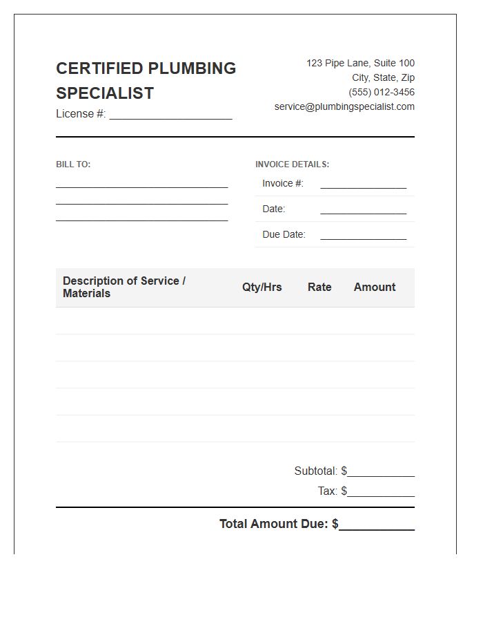 Certified Plumbing Specialist Invoice Template