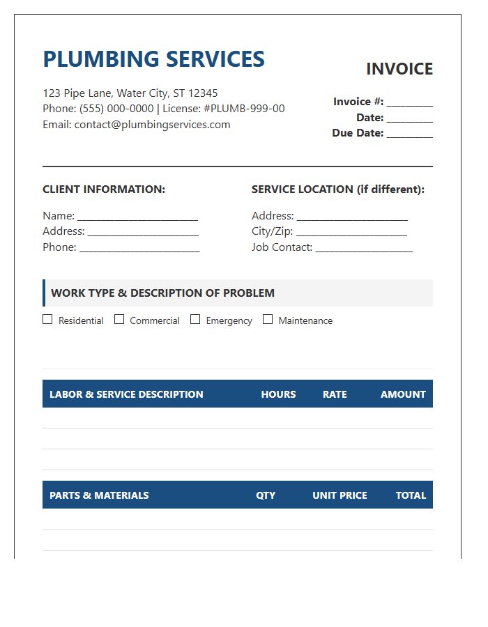 Detailed Plumbing Repair Invoice Template
