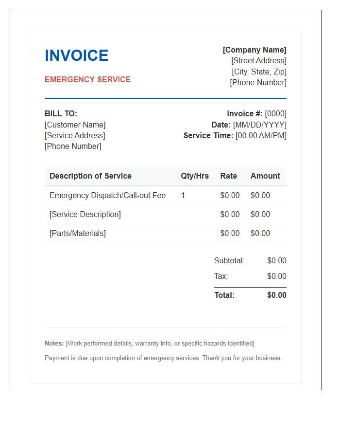 Emergency Plumbing Service Invoice Template