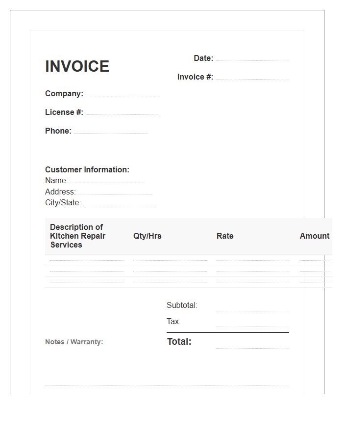 Kitchen Plumbing Repair Invoice Template