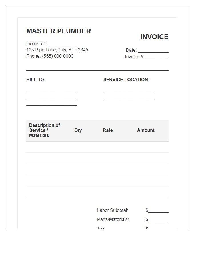 Master Plumber Service Invoice Template