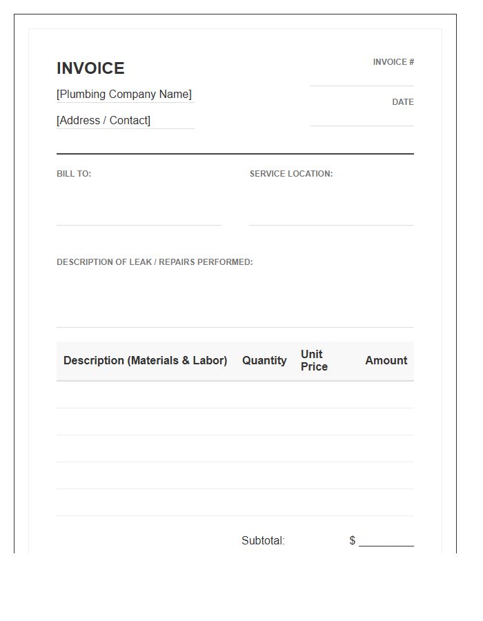 Pipe Leak Repair Invoice Template
