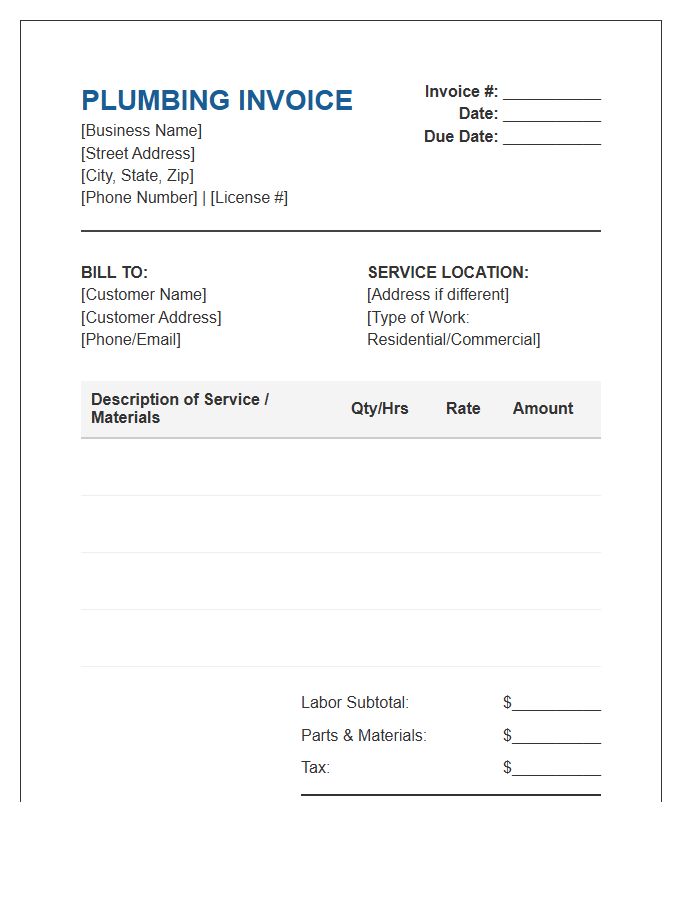 Plumbing Contractor Billing Invoice Template