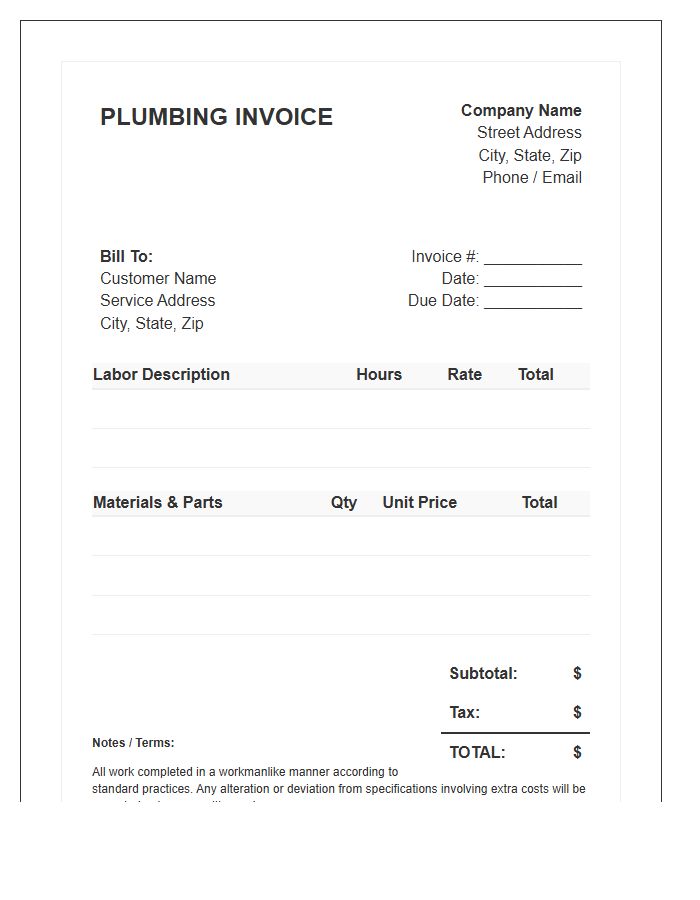 Plumbing Labor And Materials Invoice Template