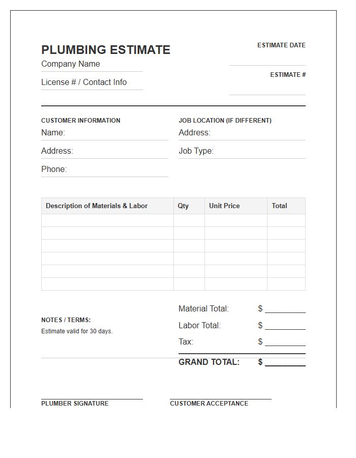 Plumbing Repair Estimate Invoice Template