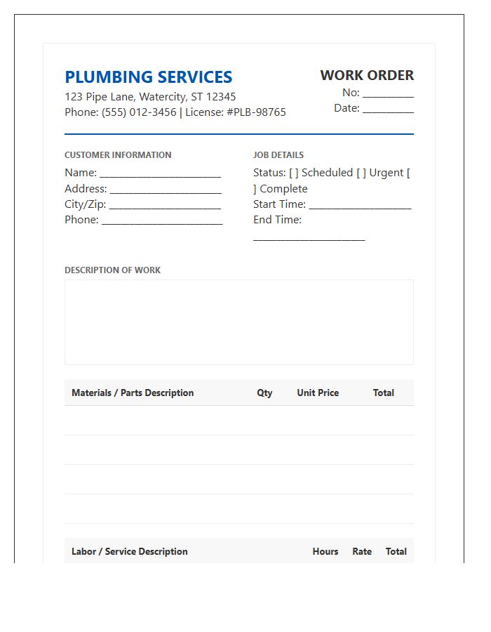 Professional Plumbing Work Order Invoice Template