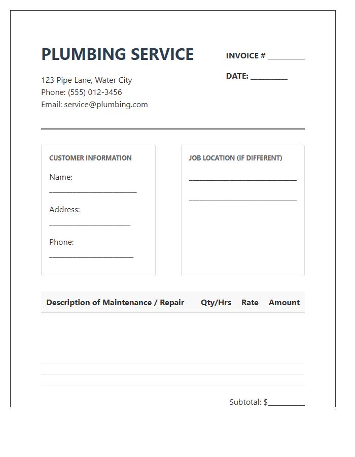 Residential Plumbing Maintenance Invoice Template
