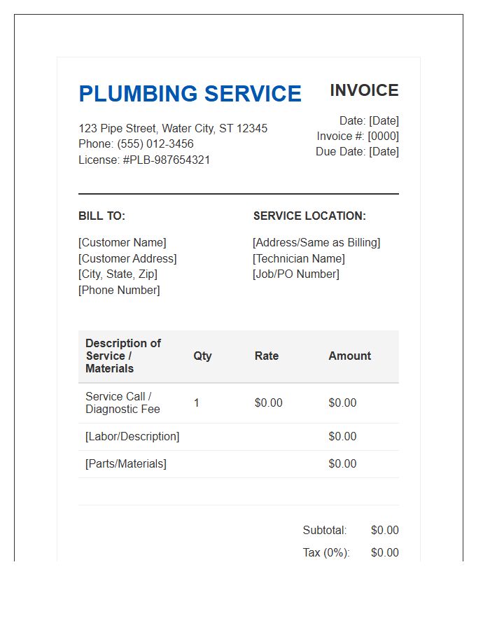 Standard Plumbing Service Invoice Template