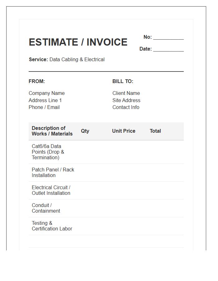 Data Cabling Electrical Estimate Invoice Template