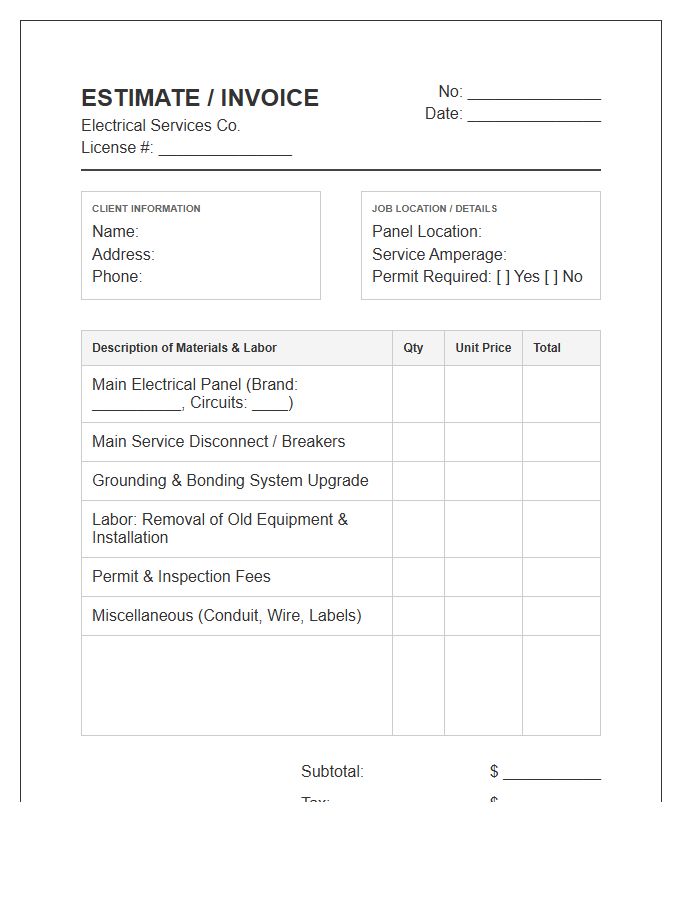 Electrical Panel Replacement Estimate Invoice Template