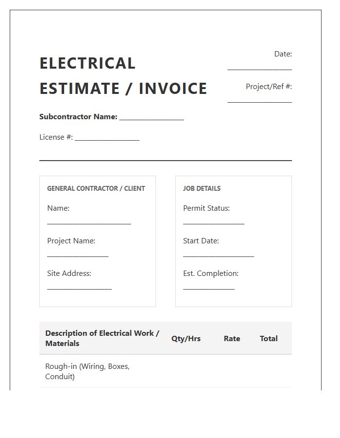 Electrical Subcontractor Bid Estimate Invoice Template