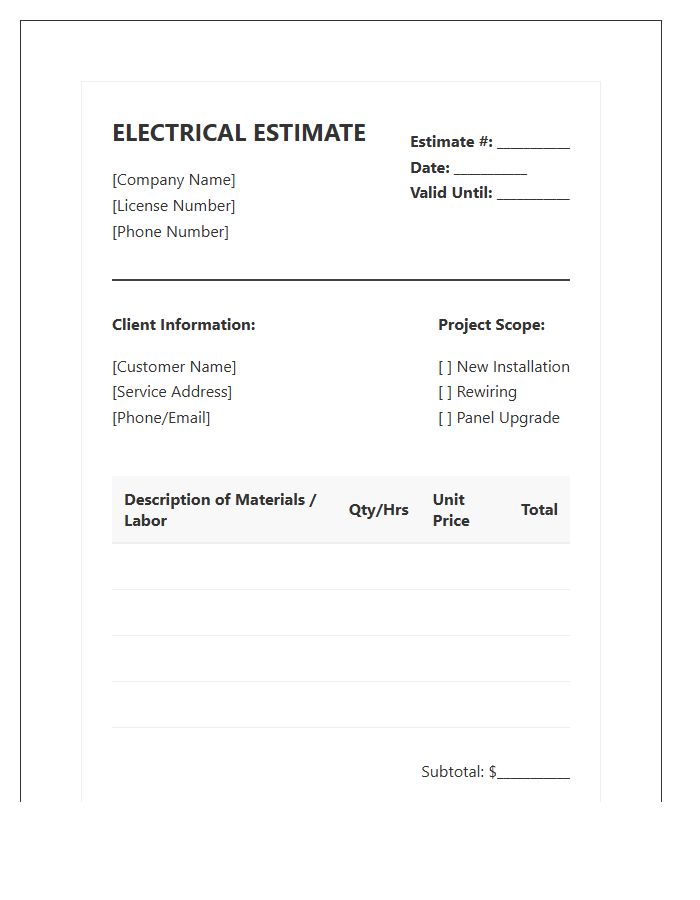 Electrical Wiring Installation Estimate Invoice Template