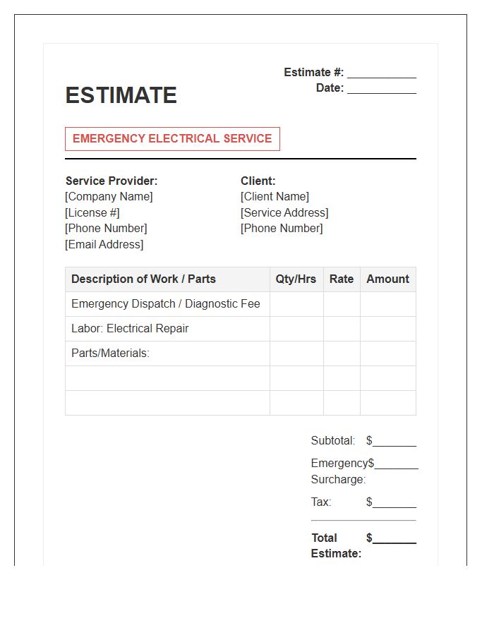 Emergency Electrical Repair Estimate Invoice Template