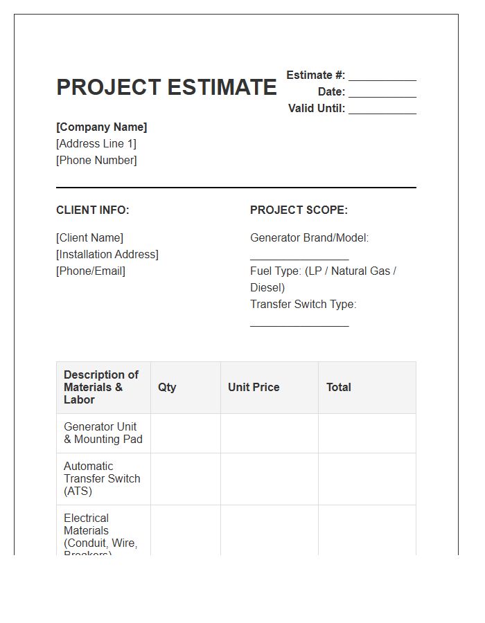 Generator Installation Project Estimate Invoice Template