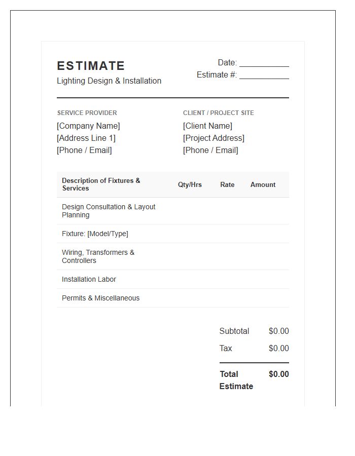 Lighting Design And Installation Estimate Invoice Template