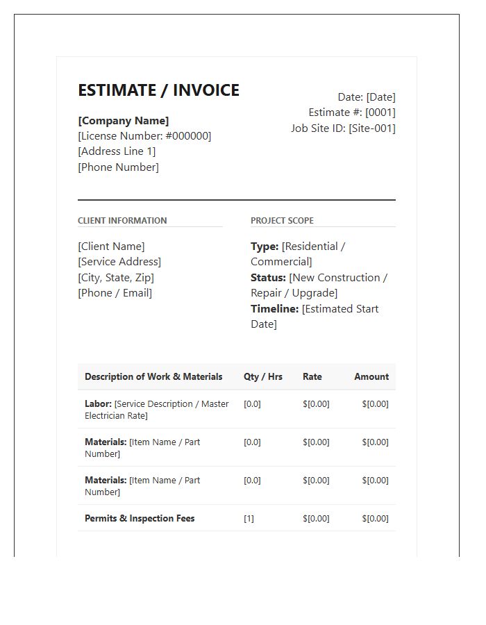 Master Electrician Detailed Estimate Invoice Template