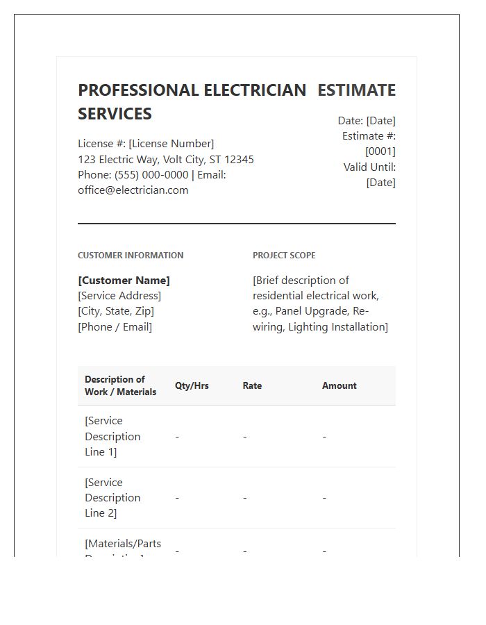 Professional Residential Electrician Estimate Invoice Template