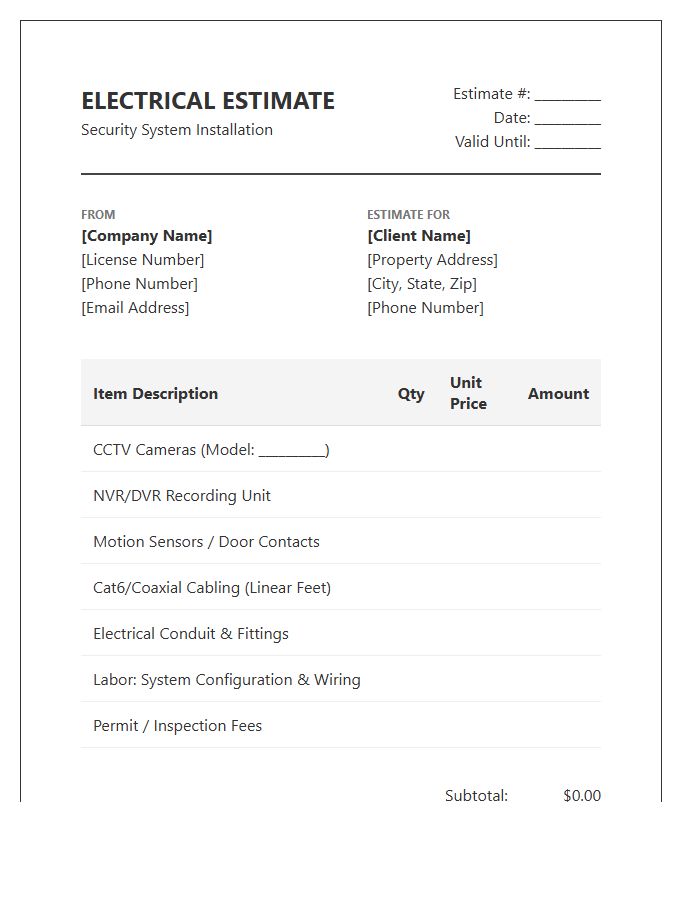 Security System Electrical Estimate Invoice Template