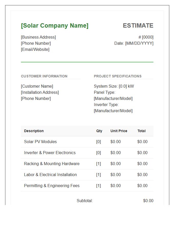 Solar Panel Installation Estimate Invoice Template