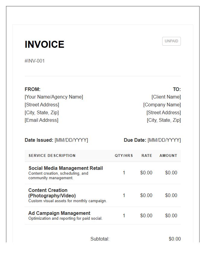 Monthly Social Media Management Invoice Template