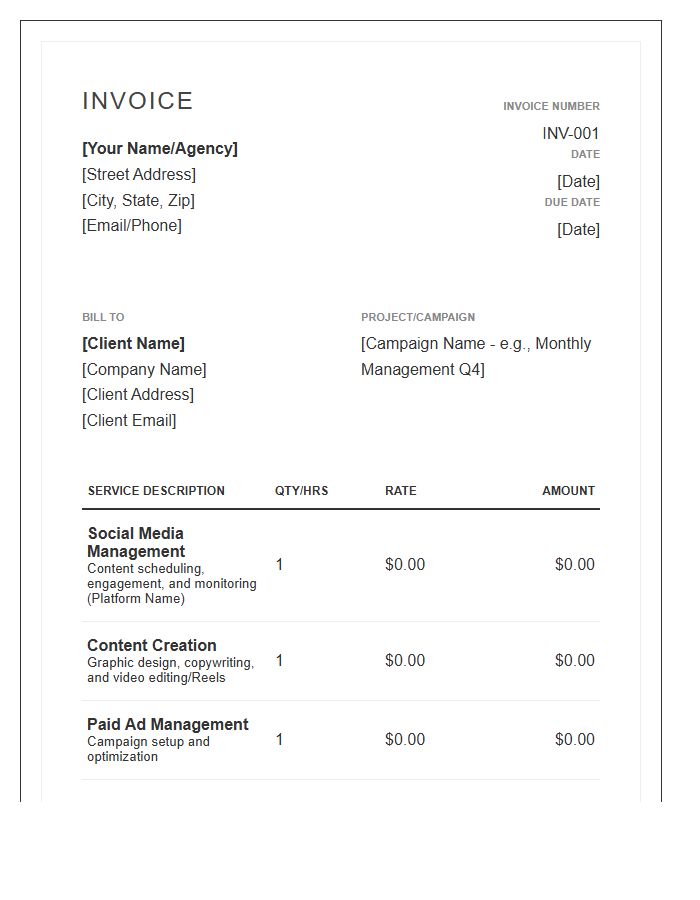Professional Social Media Manager Invoice Template