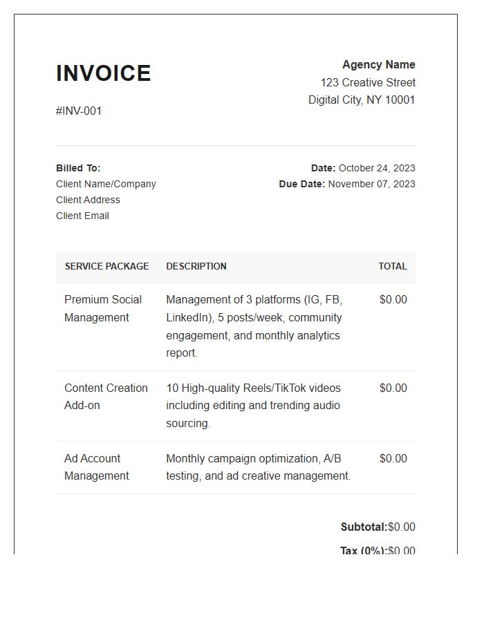 Professional Social Media Packages Invoice Template