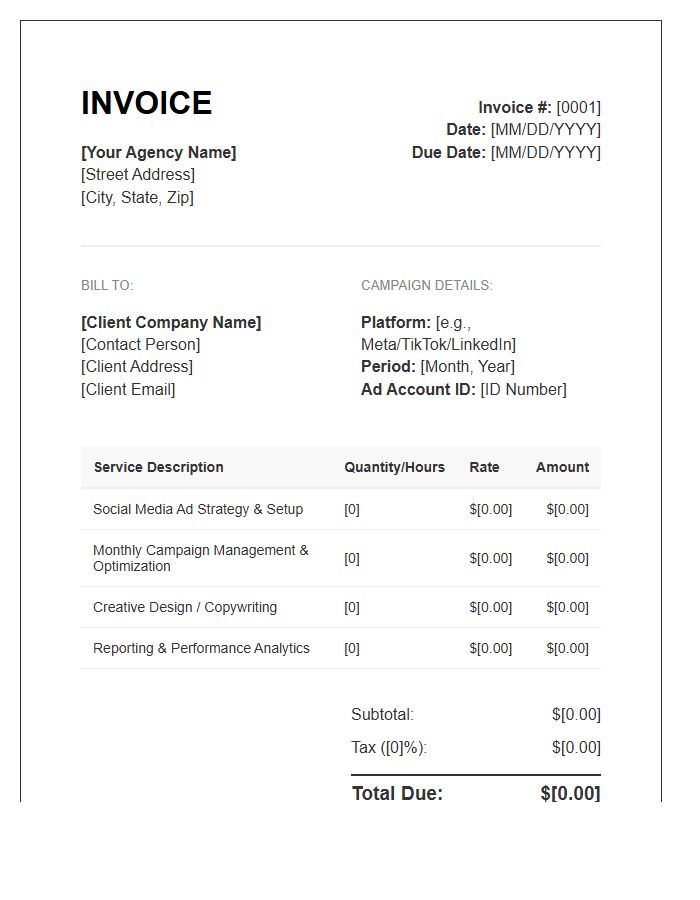 Social Media Advertising Management Invoice Template