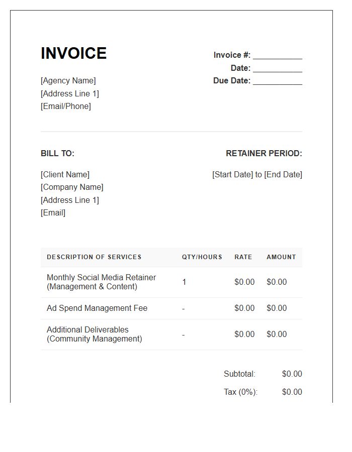 Social Media Retainer Agreement Invoice Template