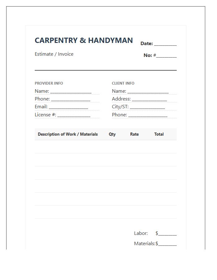 Carpentry Service Handyman Estimate Invoice Template