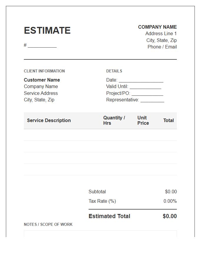 Commercial Maintenance Service Estimate Invoice Template