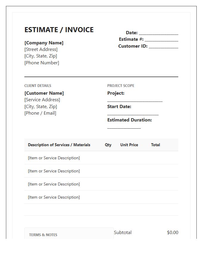 Comprehensive Home Maintenance Estimate Invoice Template