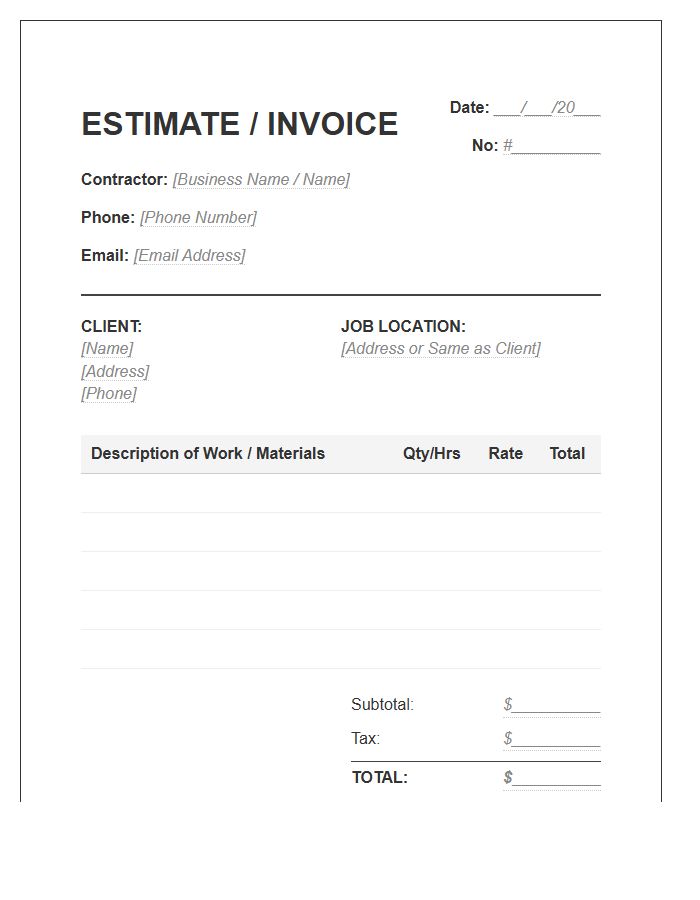 Contractor Handyman Job Estimate Invoice Template