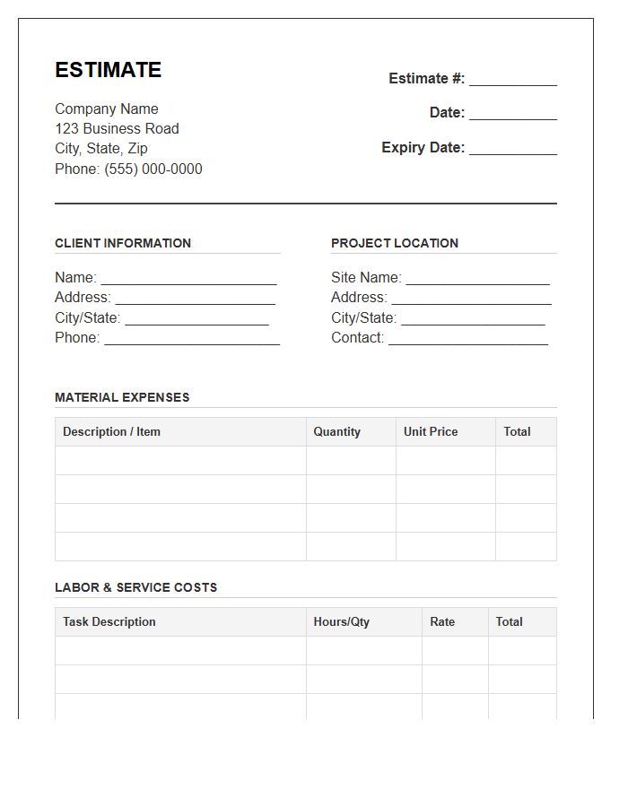 Detailed Labor And Material Estimate Invoice Template