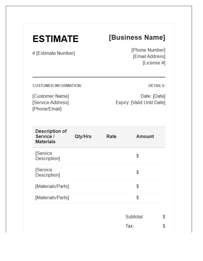 Electrical Handyman Service Estimate Invoice Template