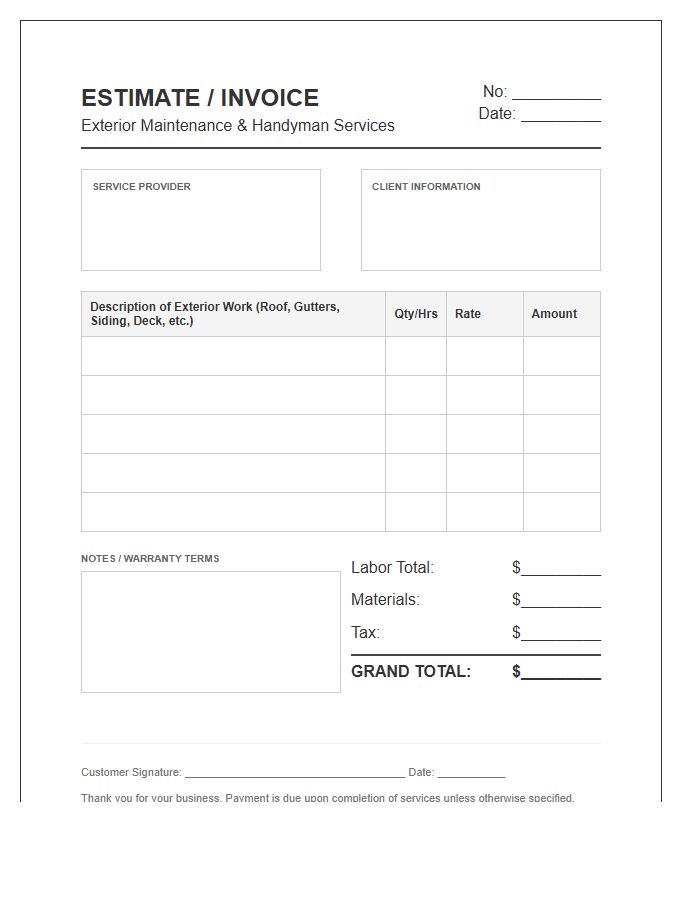 Exterior Maintenance Handyman Estimate Invoice Template