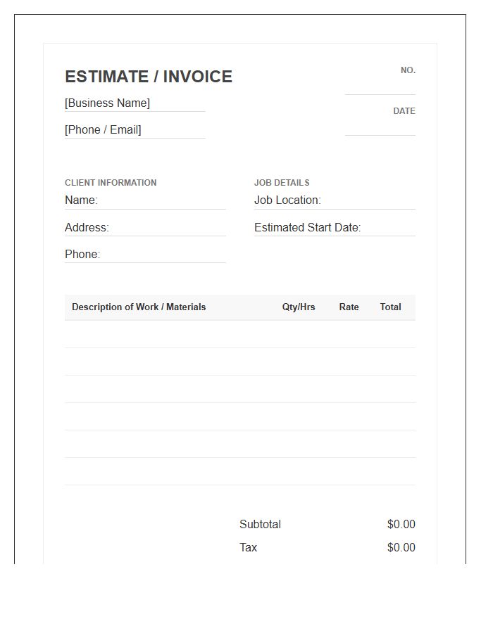 General Repair Handyman Estimate Invoice Template