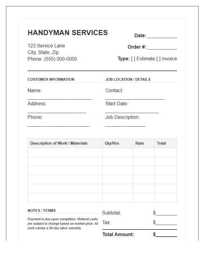 Handyman Work Order Estimate Invoice Template