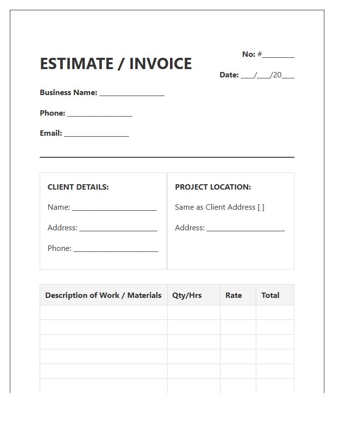 Home Improvement Handyman Estimate Invoice Template