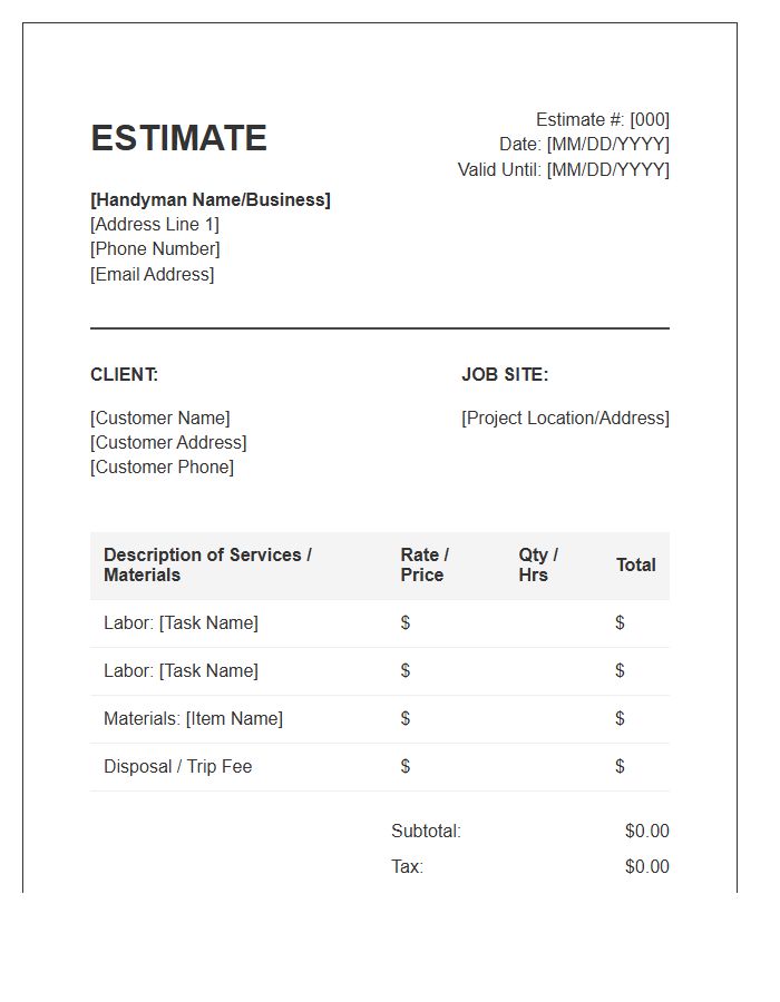 Hourly Rate Handyman Estimate Invoice Template