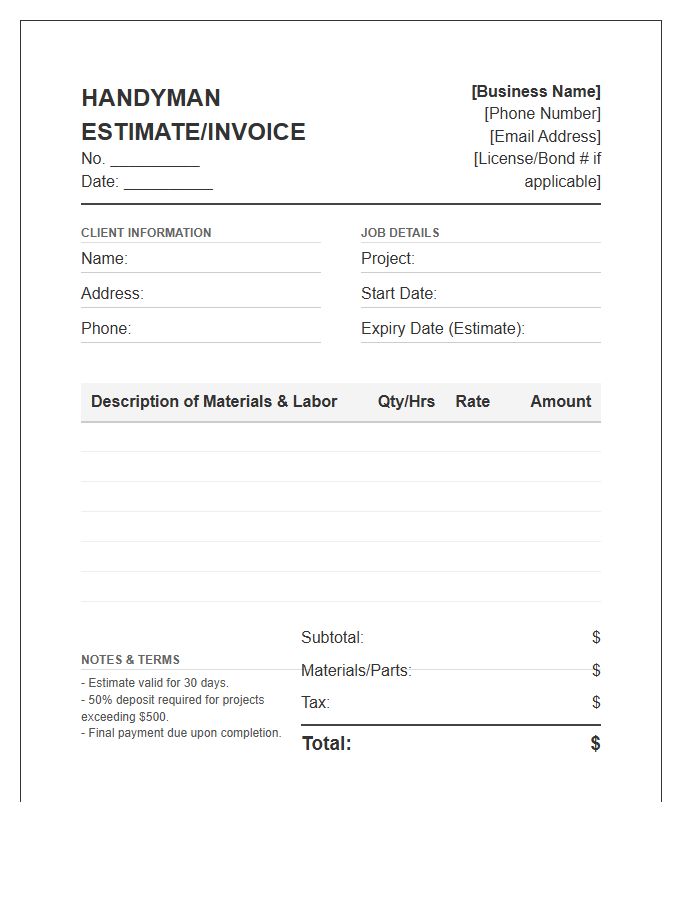 Independent Handyman Service Estimate Invoice Template