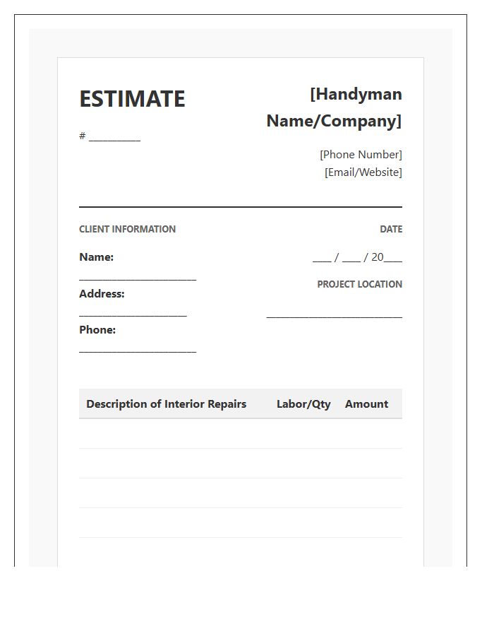 Interior Repair Handyman Estimate Invoice Template