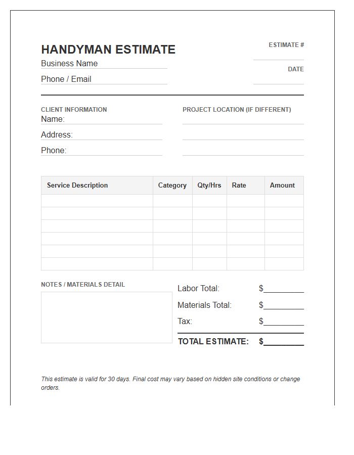 Multi Service Handyman Estimate Invoice Template