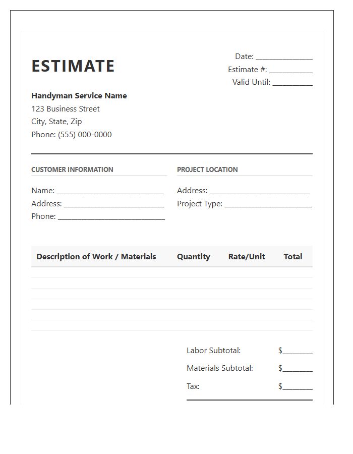 Professional Handyman Service Estimate Invoice Template